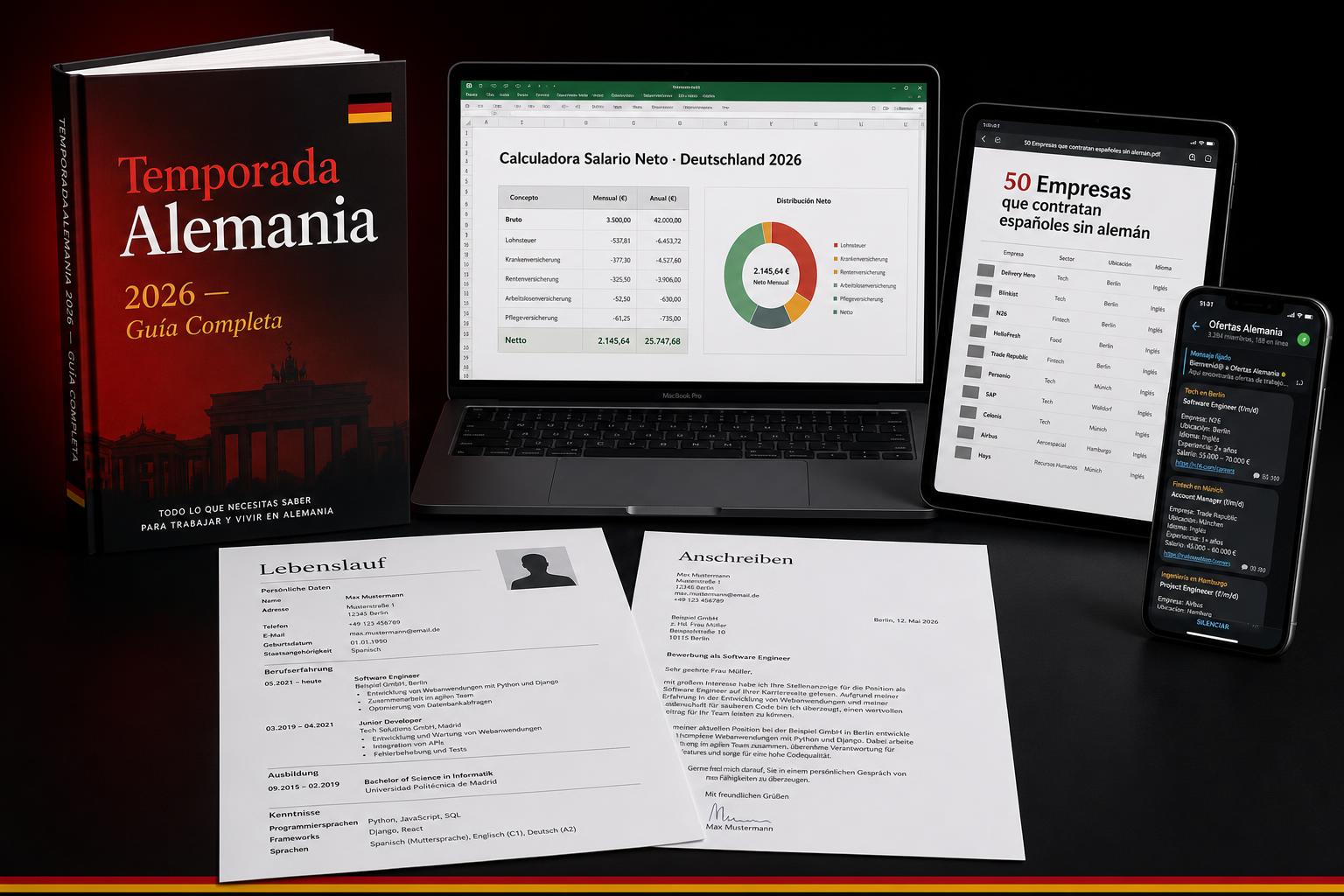 Pack TemporadaAlemania 2026: guía completa, calculadora de salario neto en Excel, PDF con 50 empresas que contratan españoles, plantilla de Lebenslauf y Anschreiben, y canal privado de ofertas.